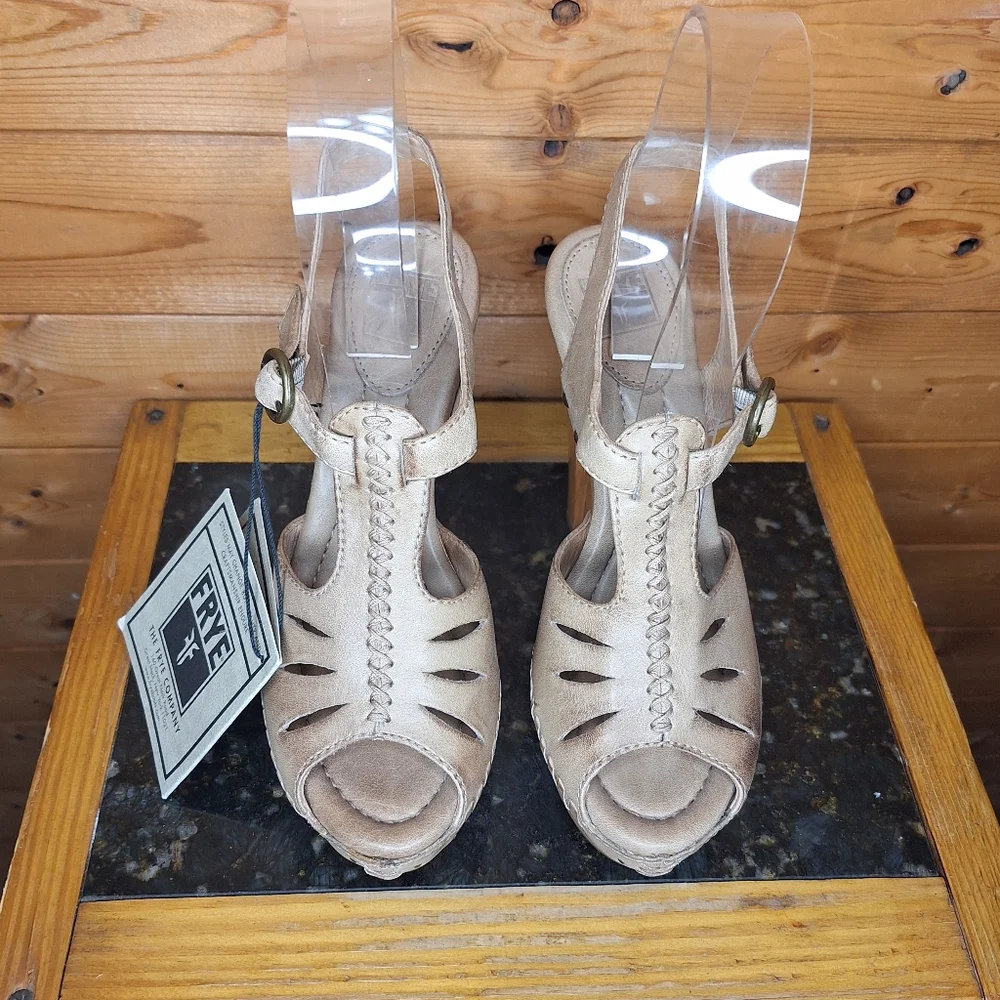 ❤️ FRYE Fran X Stich Platform Heels Brown Leather Wood Sandals Size 6.5 M